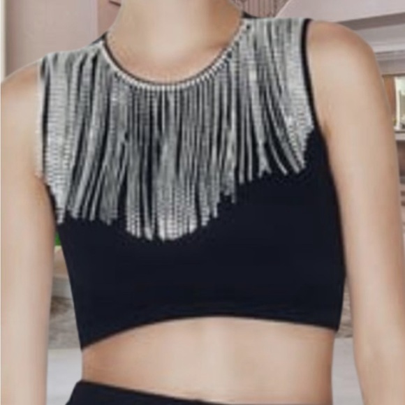 ZARA fringed seamless rhinestone black crop top size extra small/small - Picture 3 of 14